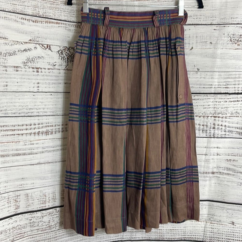 Escada Brown Plaid Midi Skirt with Blue and Purple Stripes - Picture 6 of 11